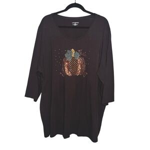Catherines 2X Chocolate Brown 3/4 Sleeve Pumpkin Sequin Beaded Top Halloween‎